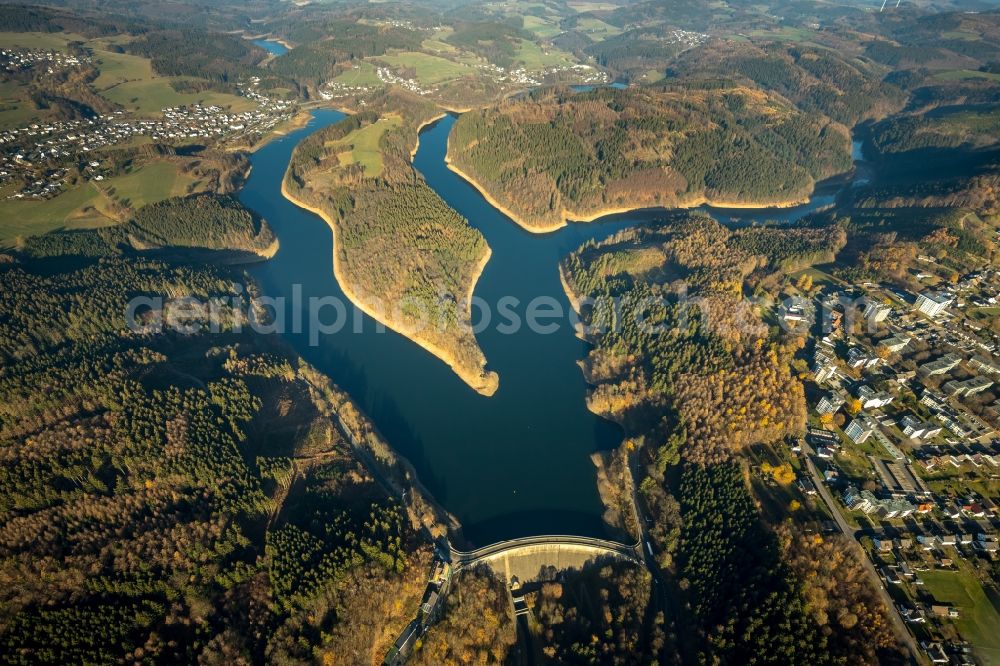 Aerial image Gummersbach - Low water level and lack of water caused the shoreline areas to be exposed of Aggertalsperre in Gummersbach in the state North Rhine-Westphalia, Germany