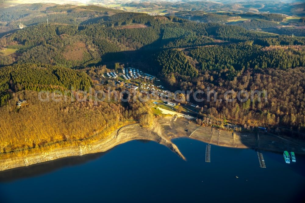 Aerial image Attendorn - Low water level and lack of water caused the shoreline areas to be exposed of Bigge in Attendorn in the state North Rhine-Westphalia, Germany