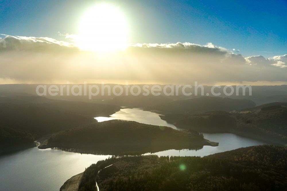 Attendorn from above - Low water level and lack of water caused the shoreline areas to be exposed of Biggetalsperre in Attendorn in the state North Rhine-Westphalia, Germany