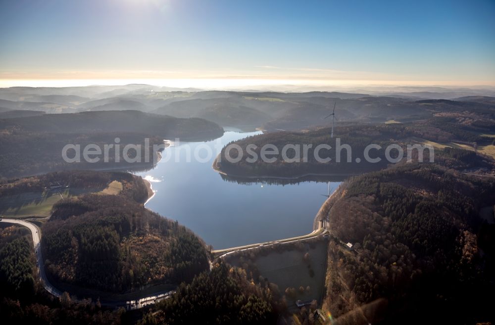 Lüdenscheid from above - Low water level and lack of water caused the shoreline areas to be exposed of Versetalsperre in Luedenscheid in the state North Rhine-Westphalia, Germany