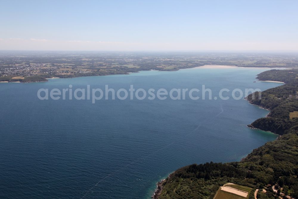 Aerial image Plevenon - Water surface at the bay along the sea coast of Baie de Fresnaye in Plevenon in Brittany, France