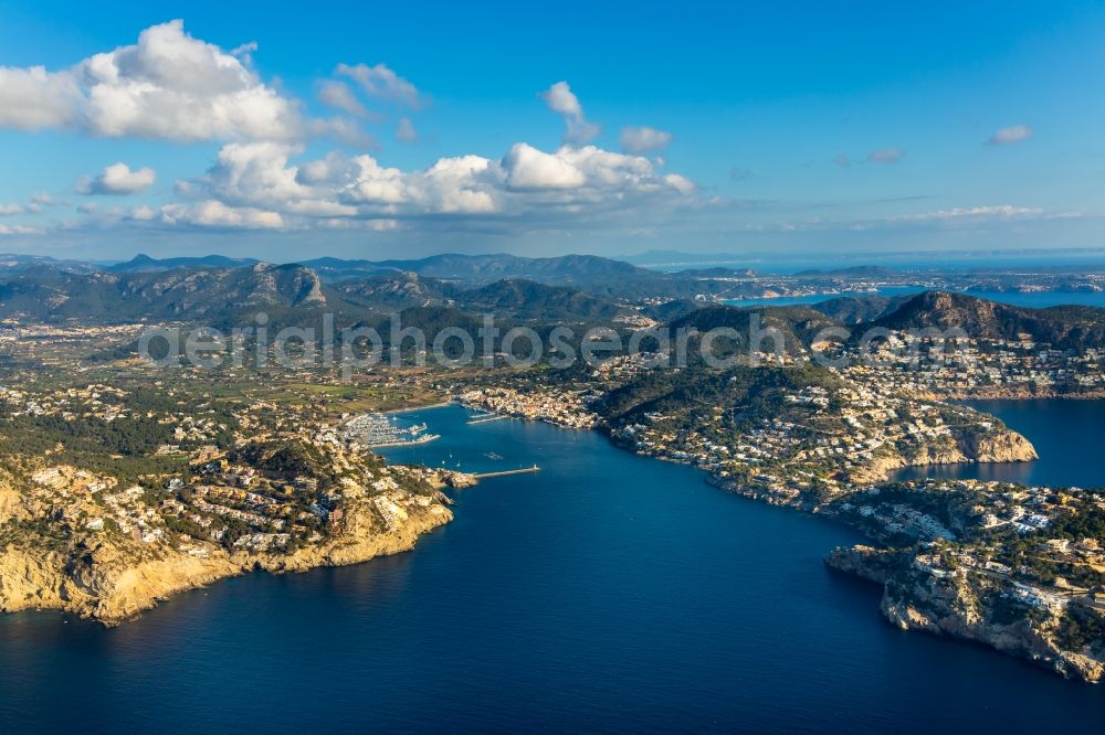 Aerial photograph Port d'Andratx - Water surface at the bay along the sea coast Balearic Sea in Port d'Andratx in Balearic Islands, Spain