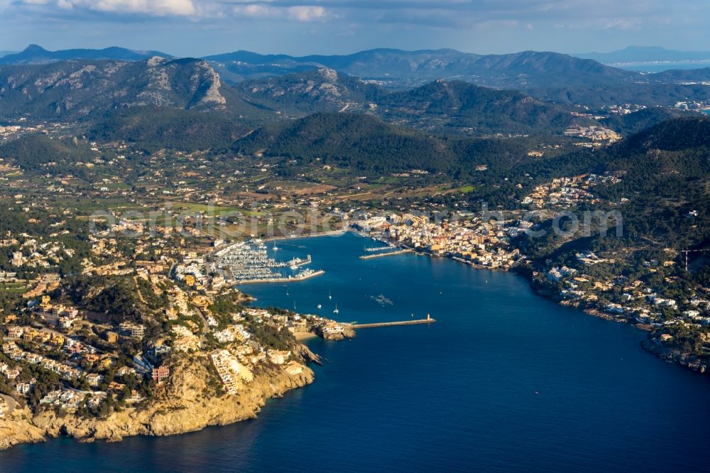 Port d'Andratx from above - Water surface at the bay along the sea coast Balearic Sea in Port d'Andratx in Balearic Islands, Spain