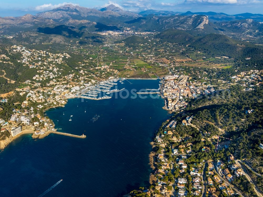 Port d'Andratx from the bird's eye view: Water surface at the bay along the sea coast Balearic Sea in Port d'Andratx in Balearic Islands, Spain