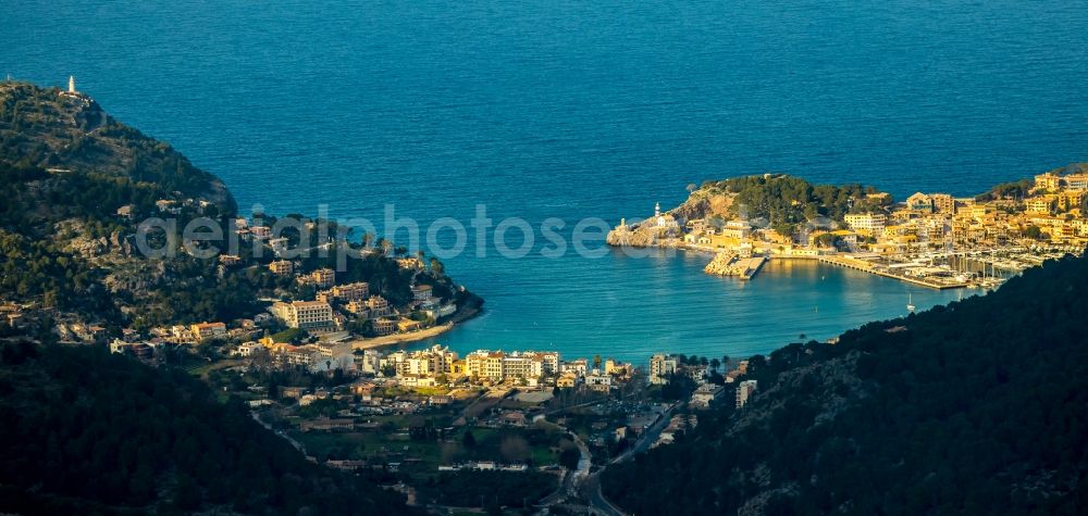 Port de Soller from the bird's eye view: Water surface at the bay along the sea coast of Balearic Sea in Port de Soller in Balearic Islands, Spain