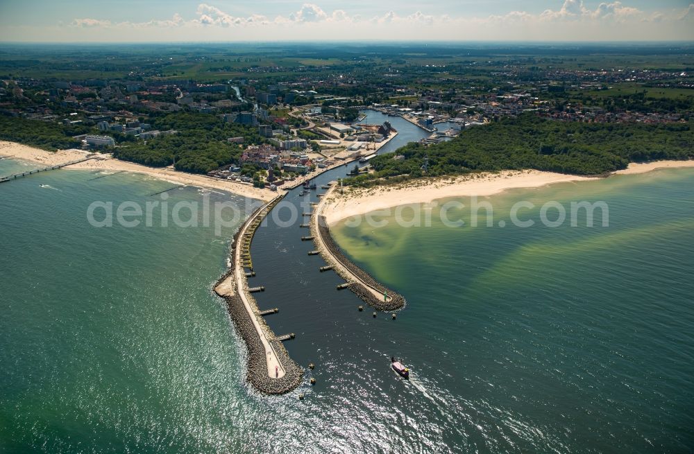 Aerial image Kolobrzeg - Kolberg - Water surface at the seaside mole of in Kolberg in West Pomerania, Poland