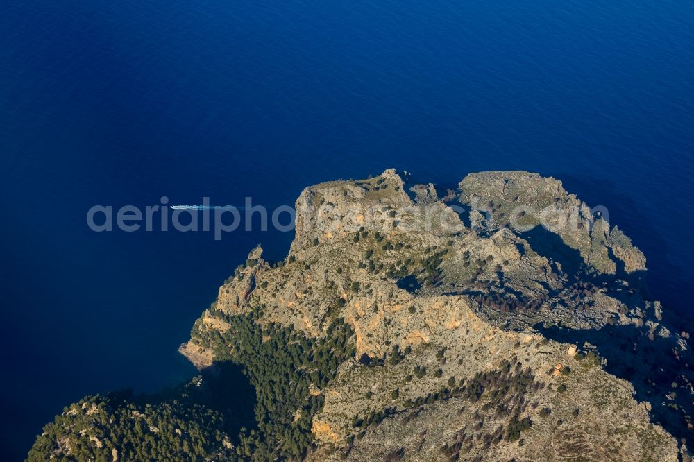 Escorca from the bird's eye view: Water surface at the seaside of Balearic Sea in Escorca in Balearic island of Mallorca, Spain