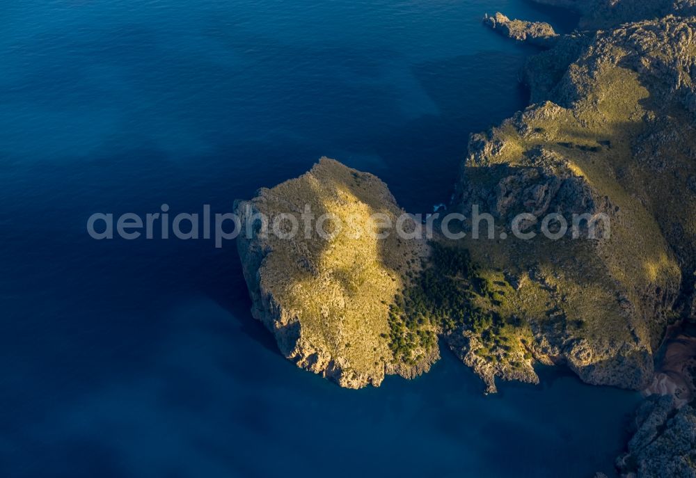 Aerial image Escorca - Water surface at the seaside of Balearic Sea in Escorca in Balearic island of Mallorca, Spain