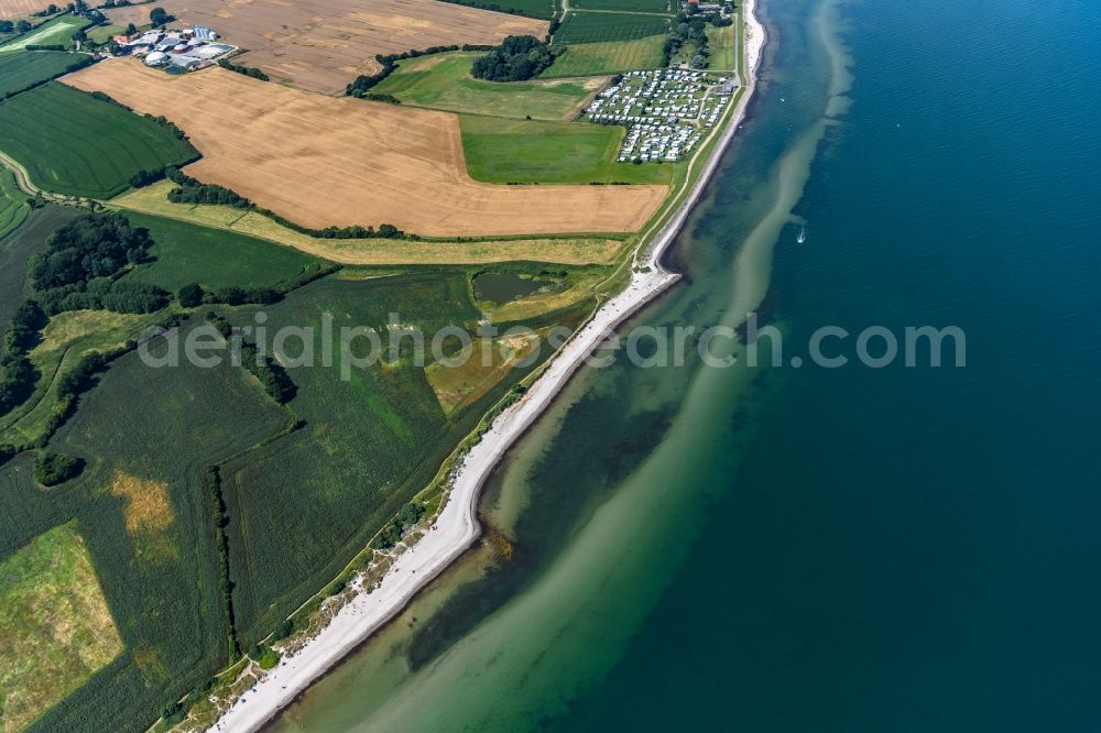 Aerial image Pommerby - Water surface at the seaside at the Campingplatz Ostseesonne in Pommerby in the state Schleswig-Holstein, Germany