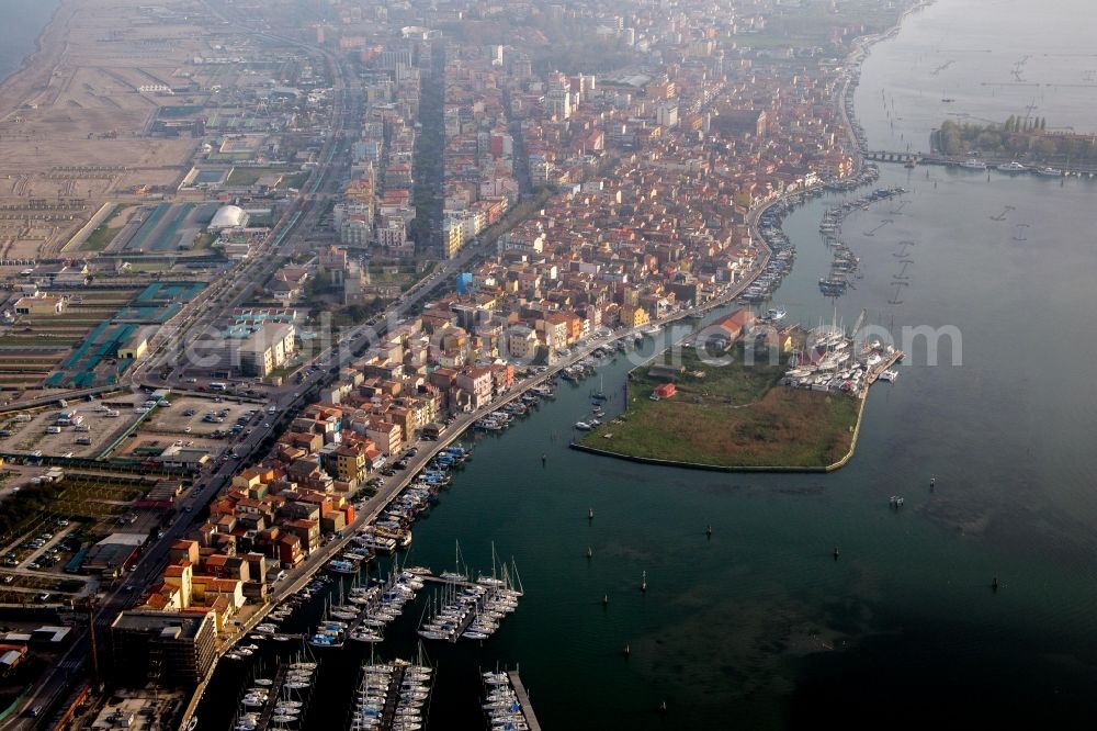 Chioggia from above - Water surface at the seaside Mediterranean Sea in Chioggia in Veneto, Italy