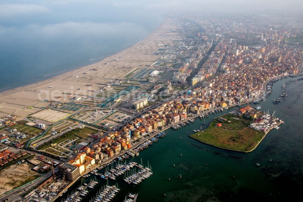 Chioggia from the bird's eye view: Water surface at the seaside Mediterranean Sea in Chioggia in Veneto, Italy