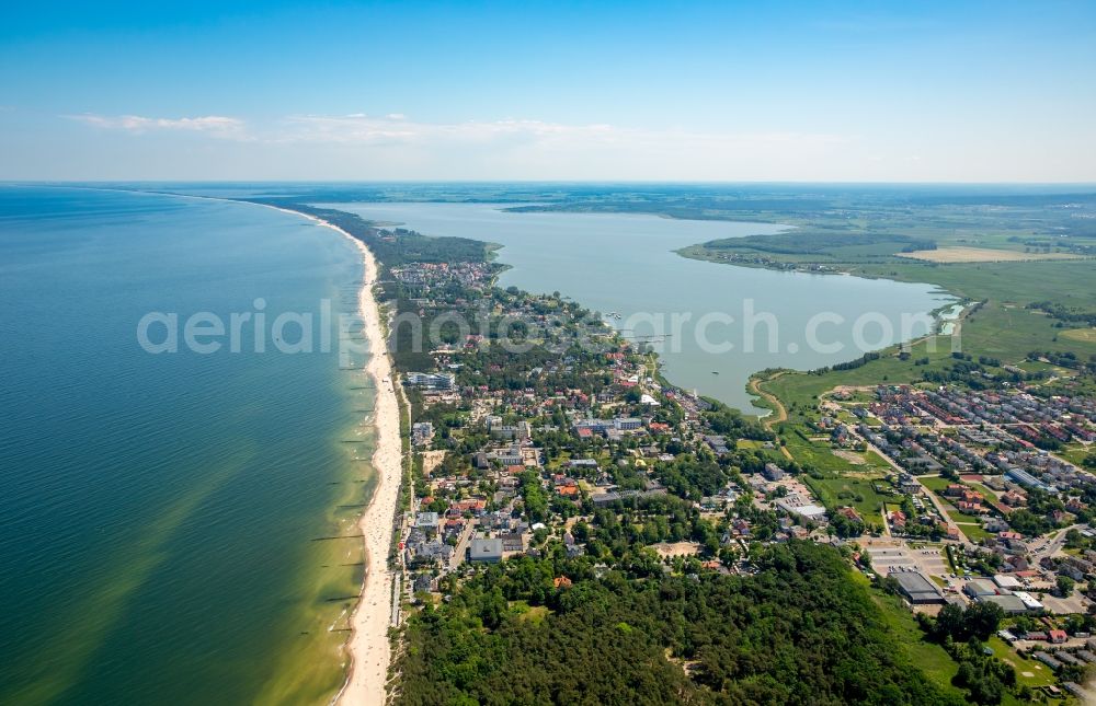 Aerial image Uniescie - Water surface at the seaside the Baltic Sea in Uniescie in West Pomerania, Poland