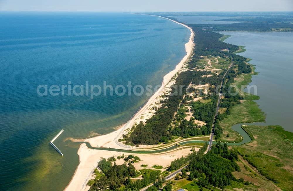 Uniescie from the bird's eye view: Water surface at the seaside the Baltic Sea in Uniescie in West Pomerania, Poland