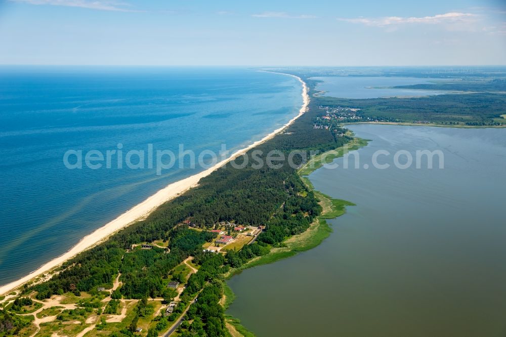 Aerial image Uniescie - Water surface at the seaside the Baltic Sea in Uniescie in West Pomerania, Poland