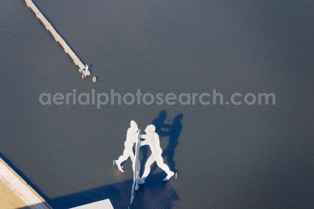 Berlin from above - Water surface of the river Spree with the Sculpture of Berlin, one molecule in Berlin Treptow