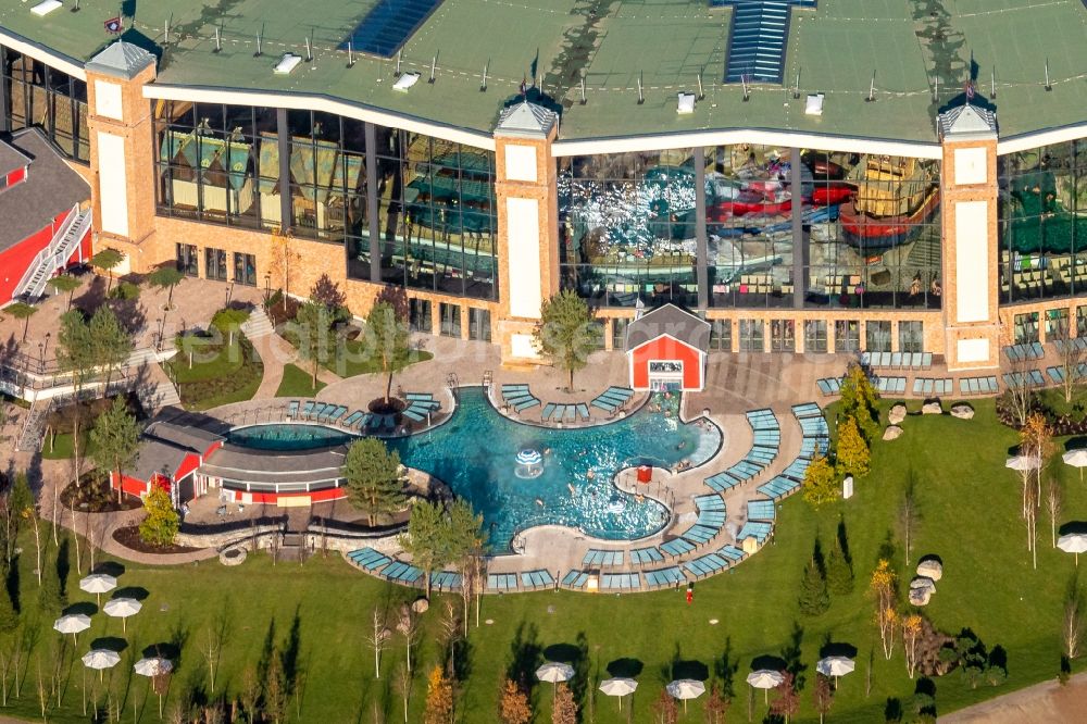 Rust from above - Construction for the new building of the spa and swimming pool at the swimming pool of Recreation Europa-Park in Rust in the state Baden-Wurttemberg