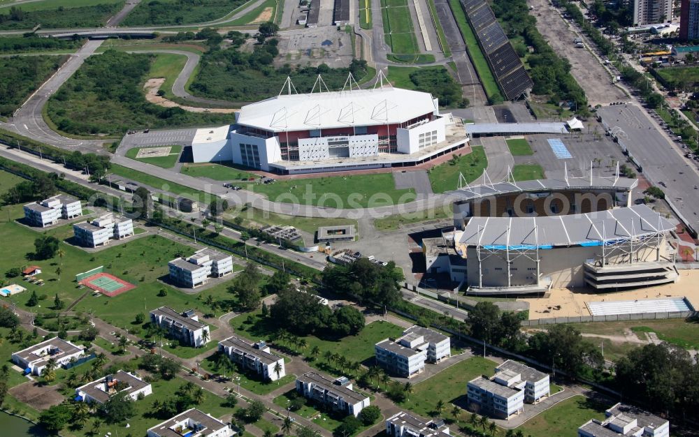 Rio de Janeiro from above - Water park Parque Aquatico Maria Lenk and multi-purpose arena HSBC Arena / Arena Olimpica do Rio near the Lake Lagoa de Jacarepagua in Rio de Janeiro in Brazil. The sports facilities are venues of the 2007 Pan American Games and the 2016 Summer Olympics in Rio de Janeiro in Brazil