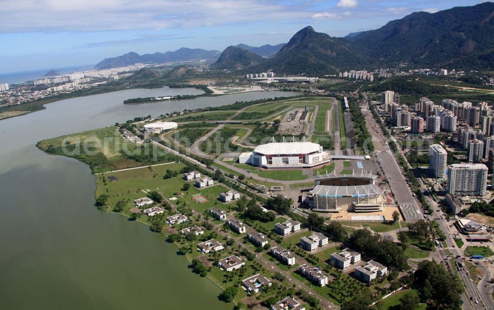 Rio de Janeiro from the bird's eye view: Water park Parque Aquatico Maria Lenk and multi-purpose arena HSBC Arena / Arena Olimpica do Rio near the Lake Lagoa de Jacarepagua in Rio de Janeiro in Brazil. The sports facilities are venues of the 2007 Pan American Games and the 2016 Summer Olympics in Rio de Janeiro in Brazil