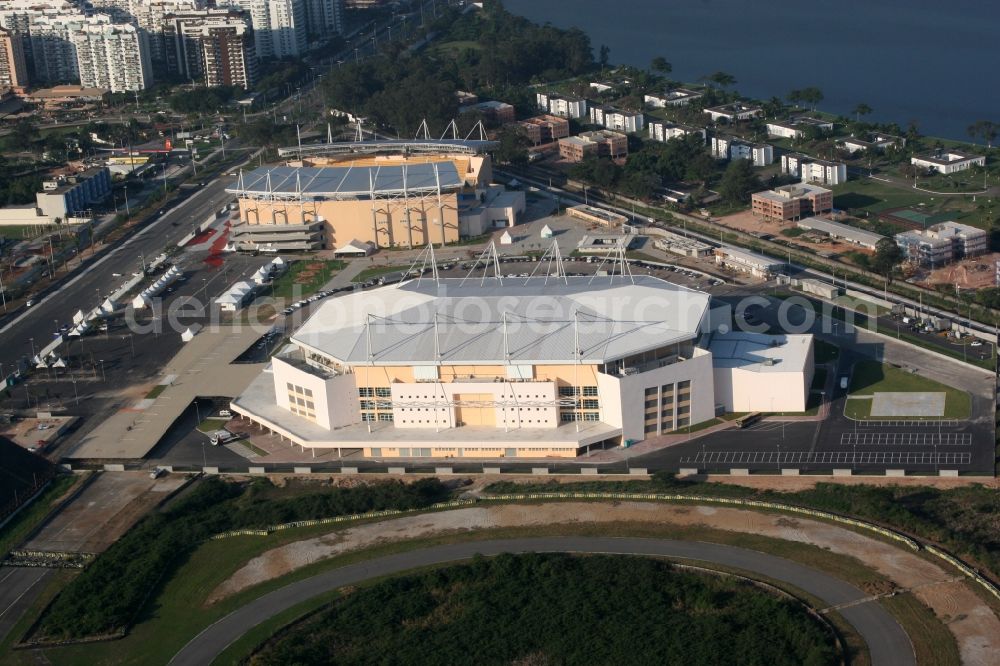 Rio de Janeiro from above - Water park Parque Aquatico Maria Lenk and multi-purpose arena HSBC Arena / Arena Olimpica do Rio near the Lake Lagoa de Jacarepagua in Rio de Janeiro in Brazil. The sports facilities are venues of the 2007 Pan American Games and the 2016 Summer Olympics in Rio de Janeiro in Brazil