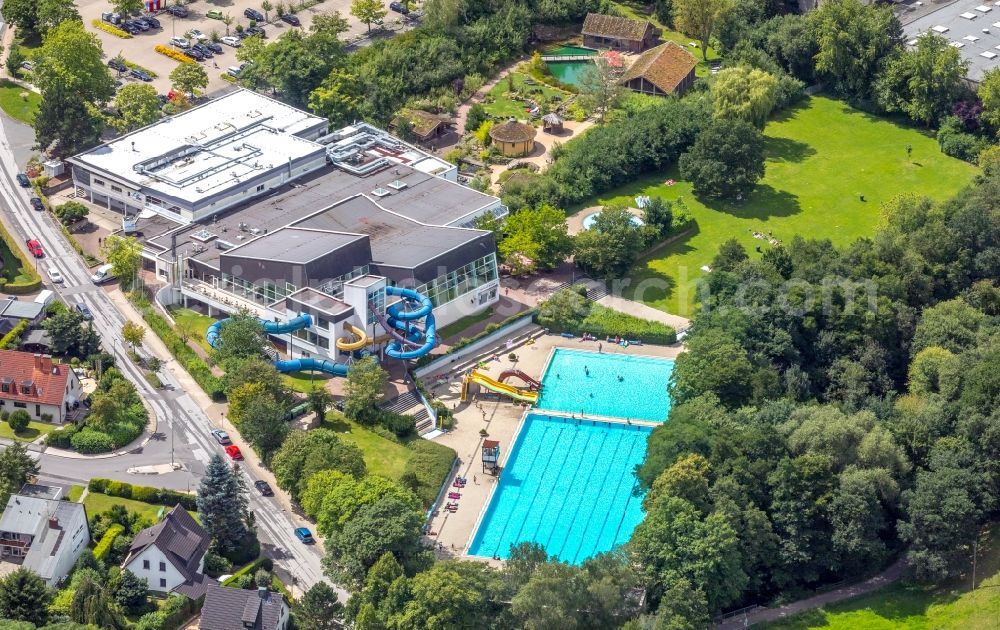 Gevelsberg from above - Waterslide on Swimming pool of the on Ochsenkonp in Gevelsberg in the state North Rhine-Westphalia, Germany