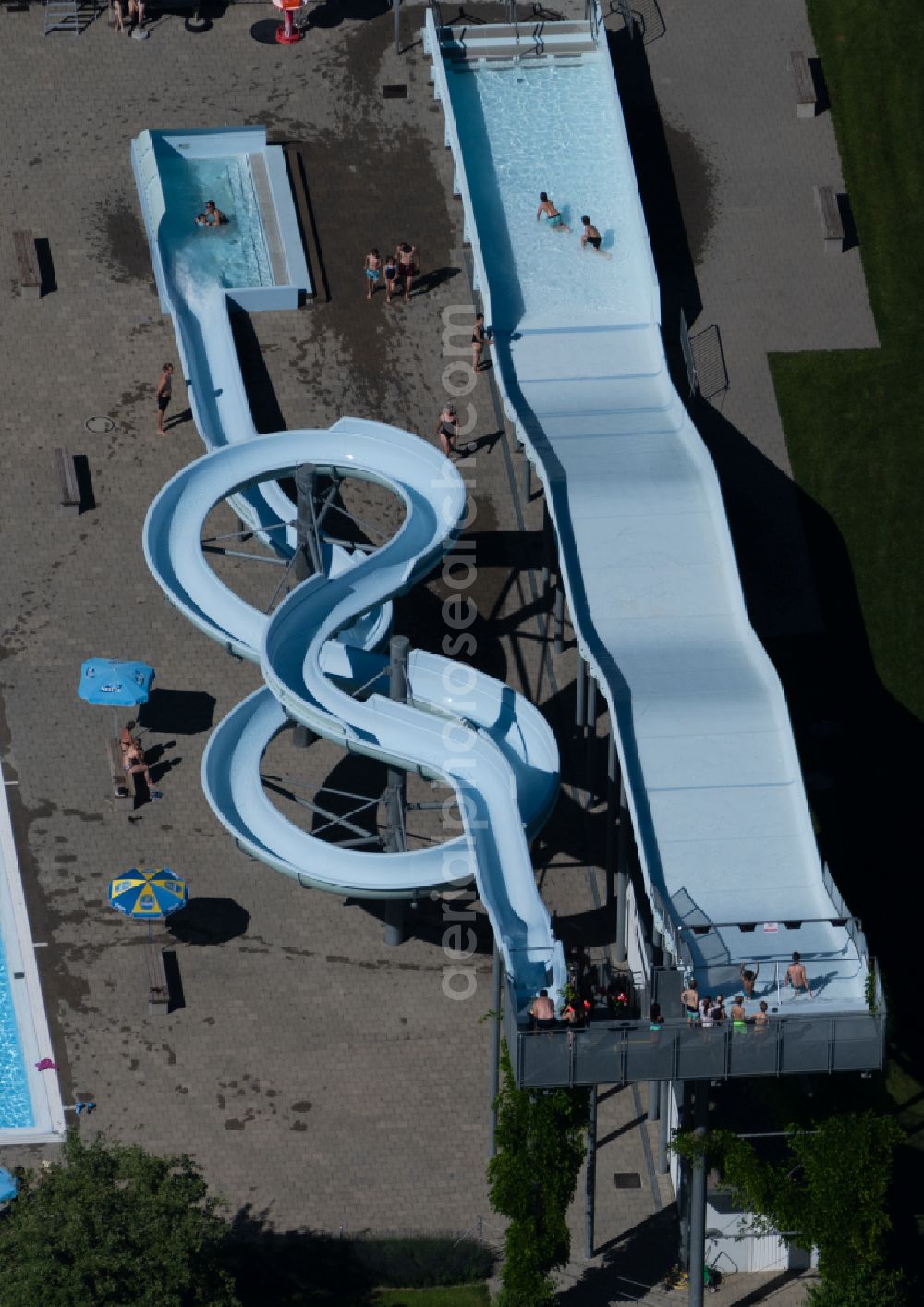 Kreuzlingen from above - Waterslide on Swimming pool of the Schwimmbad Hoernli in Kreuzlingen at Bodensee in the canton Thurgau, Switzerland