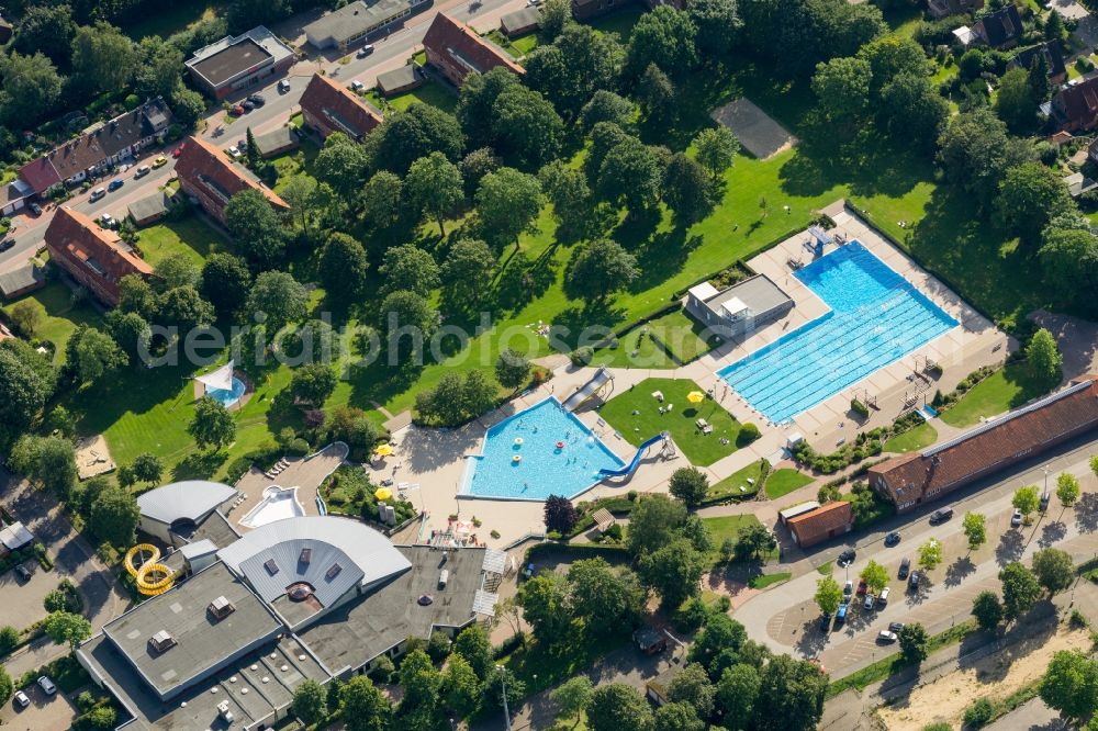 Stade from above - Waterslide on Swimming pool of the Solemio Erlebnis- and Solebad in Stade in the state Lower Saxony, Germany