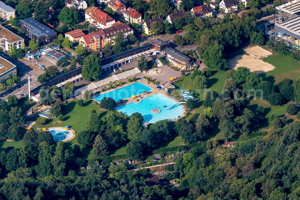 Freiburg im Breisgau from above - Waterslide on Swimming pool of the Strandbad in Freiburg im Breisgau in the state Baden-Wurttemberg, Germany