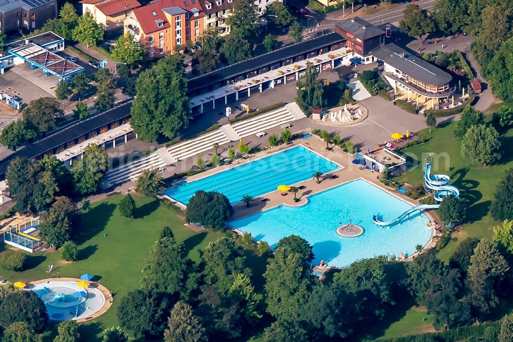 Aerial image Freiburg im Breisgau - Waterslide on Swimming pool of the Strandbad in Freiburg im Breisgau in the state Baden-Wurttemberg, Germany