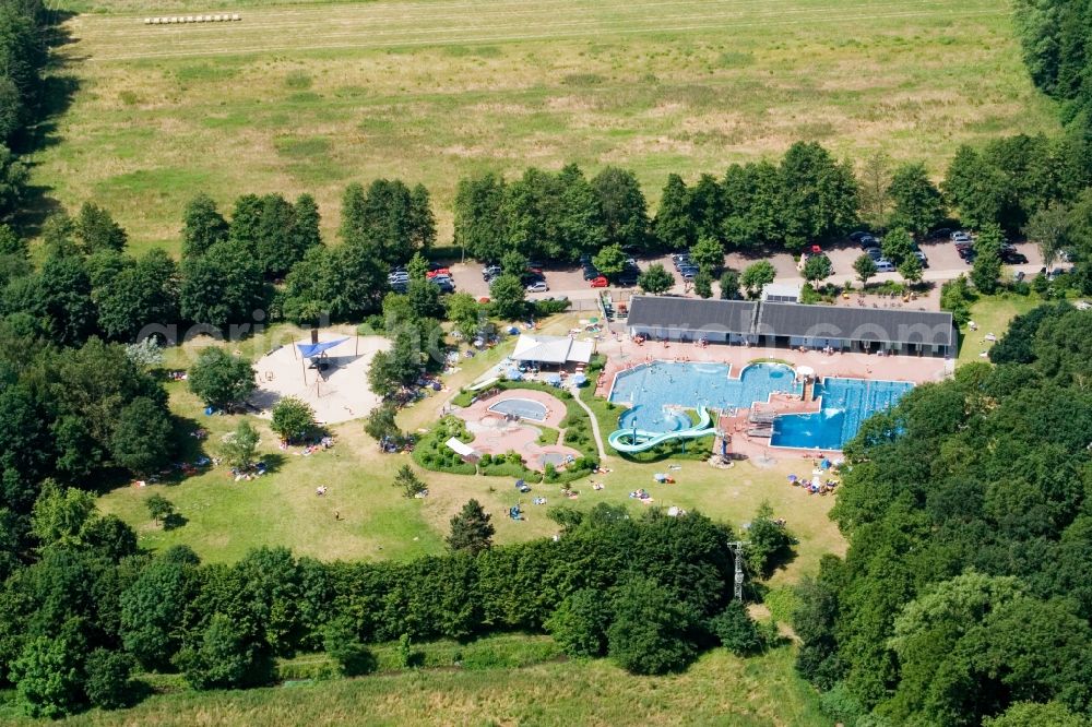 Aerial image Kandel - Waterslide on Swimming pool of the Waldschwimmbad Kandel in Kandel in the state Rhineland-Palatinate