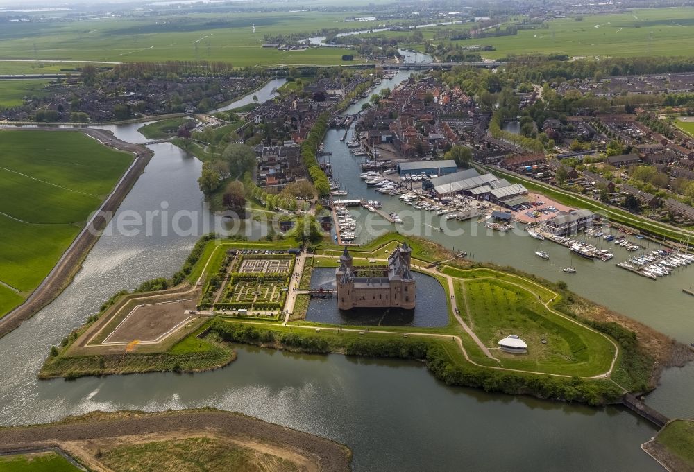 Muiden from the bird's eye view: Water Castle Muiderslot (Muiderschloss) in Muiden in North Holland in the Netherlands