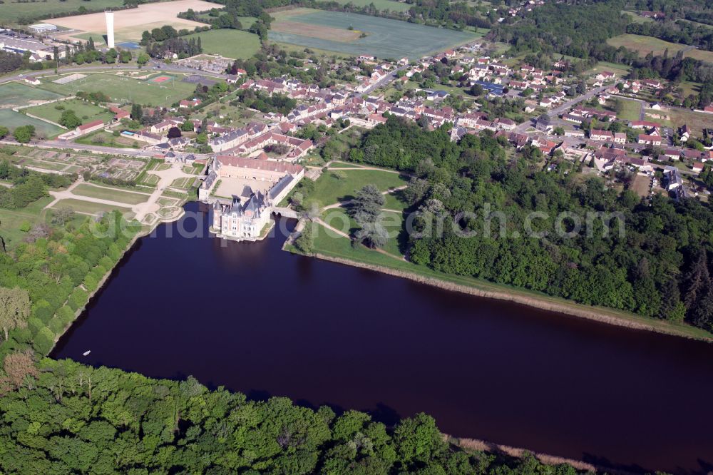 La Bussiere from the bird's eye view: Building and castle park systems of water castle Castle Chateau de La Bussiere in La Bussiere in Centre, France