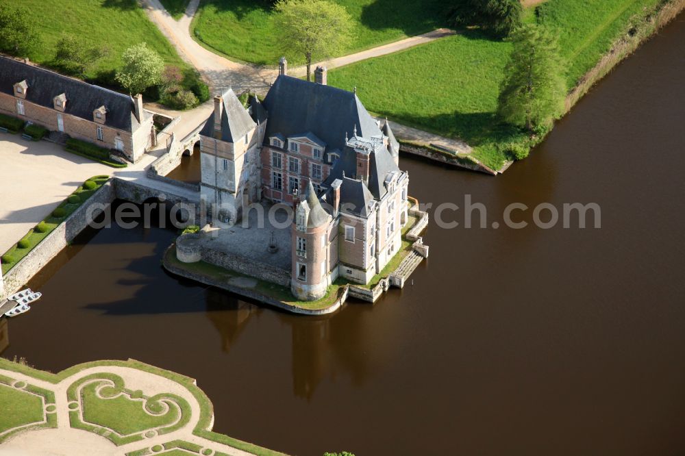 La Bussiere from the bird's eye view: Building and castle park systems of water castle Castle Chateau de La Bussiere in La Bussiere in Centre, France