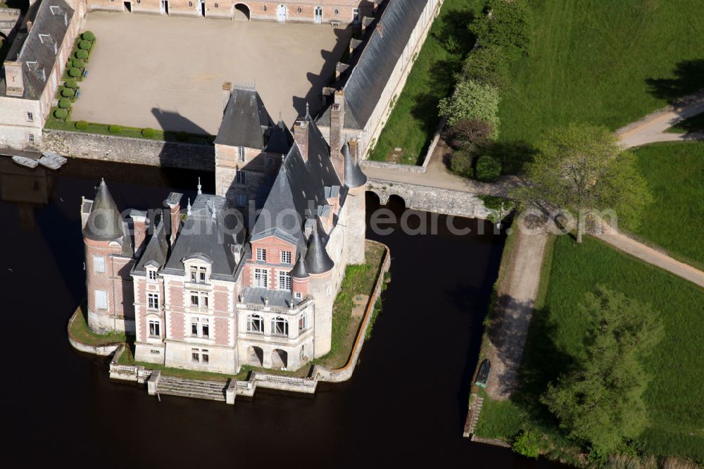 La Bussiere from the bird's eye view: Building and castle park systems of water castle Castle Chateau de La Bussiere in La Bussiere in Centre, France