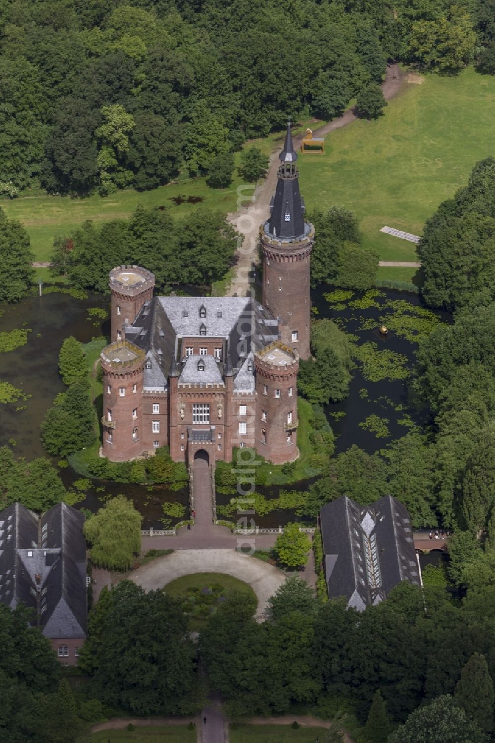 Aerial photograph Bedburg-Hau - 06/02/2012 Bedburg-Hau View of the water tower Moyland in the state of North Rhine-Westphalia. The neo-Gothic monument is home to a museum's extensive collection of modern art of the brothers van der Grinten and is a popular destination on the Lower Rhine