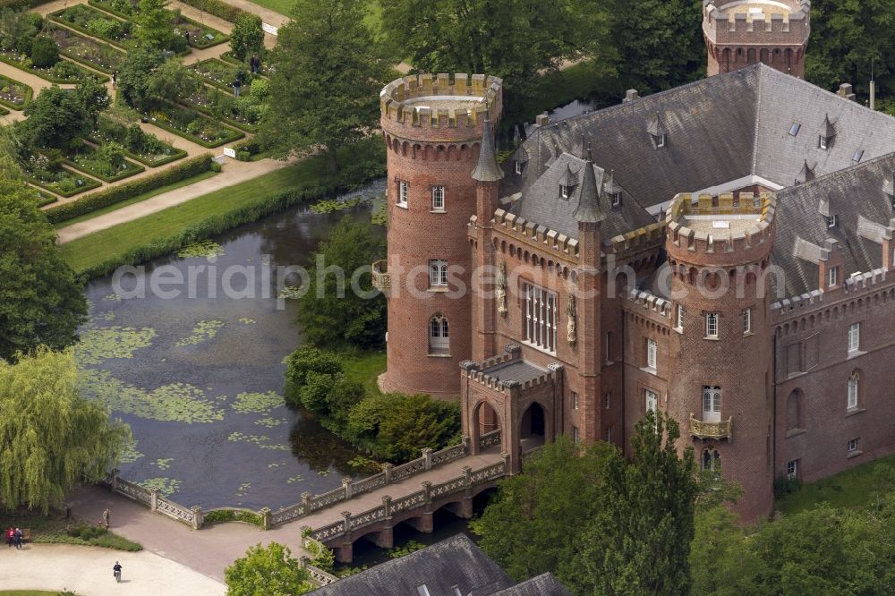 Bedburg-Hau from above - 06/09/2012 Bedburg-Hau View of the water tower Moyland in the state of North Rhine-Westphalia. The neo-Gothic monument is home to a museum's extensive collection of modern art of the brothers van der Grinten and is a popular destination on the Lower Rhine