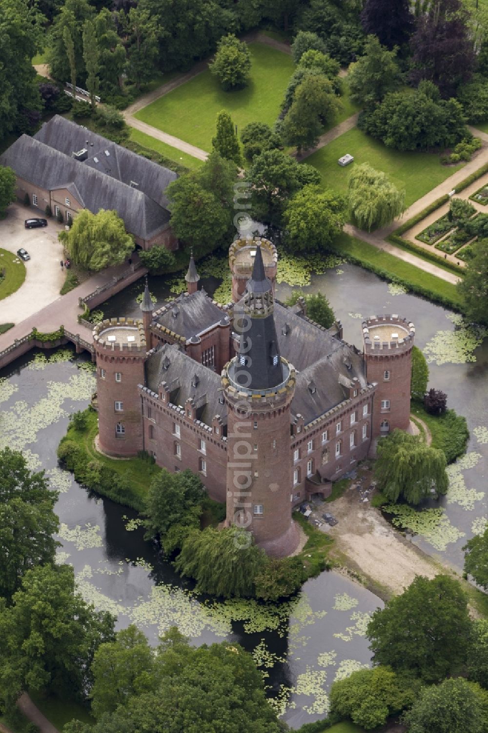 Aerial photograph Bedburg-Hau - 06/09/2012 Bedburg-Hau View of the water tower Moyland in the state of North Rhine-Westphalia. The neo-Gothic monument is home to a museum's extensive collection of modern art of the brothers van der Grinten and is a popular destination on the Lower Rhine