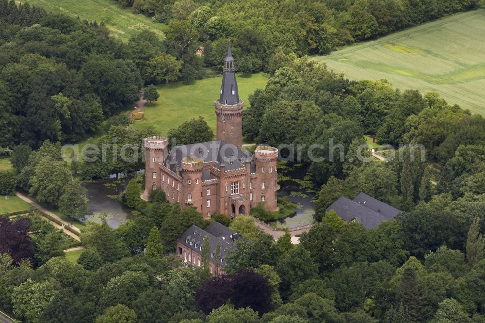 Bedburg-Hau from the bird's eye view: 06/09/2012 Bedburg-Hau View of the water tower Moyland in the state of North Rhine-Westphalia. The neo-Gothic monument is home to a museum's extensive collection of modern art of the brothers van der Grinten and is a popular destination on the Lower Rhine