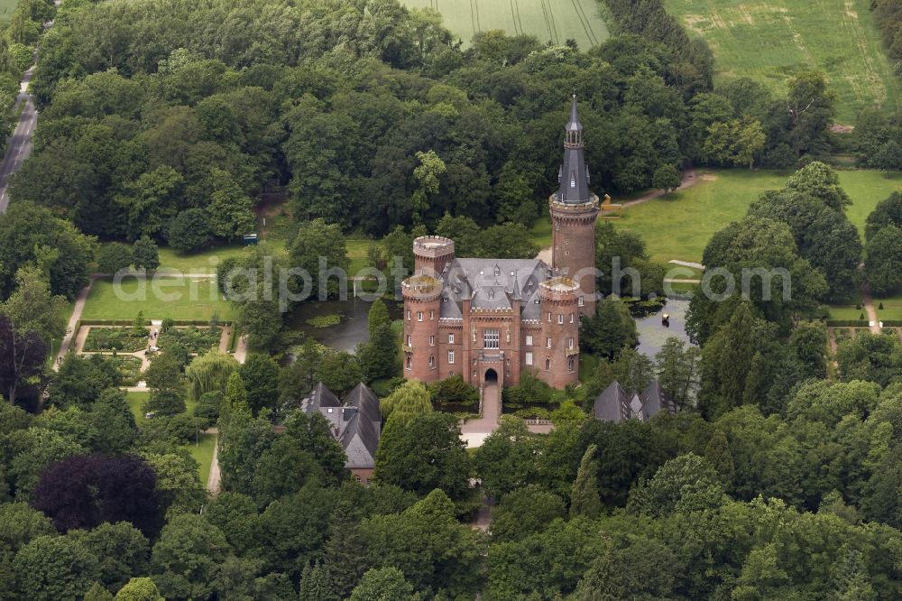 Aerial photograph Bedburg-Hau - 06/09/2012 Bedburg-Hau View of the water tower Moyland in the state of North Rhine-Westphalia. The neo-Gothic monument is home to a museum's extensive collection of modern art of the brothers van der Grinten and is a popular destination on the Lower Rhine