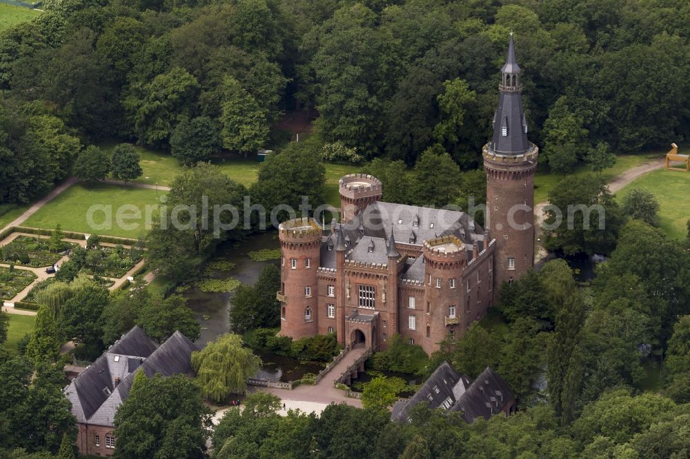 Bedburg-Hau from above - 06/09/2012 Bedburg-Hau View of the water tower Moyland in the state of North Rhine-Westphalia. The neo-Gothic monument is home to a museum's extensive collection of modern art of the brothers van der Grinten and is a popular destination on the Lower Rhine