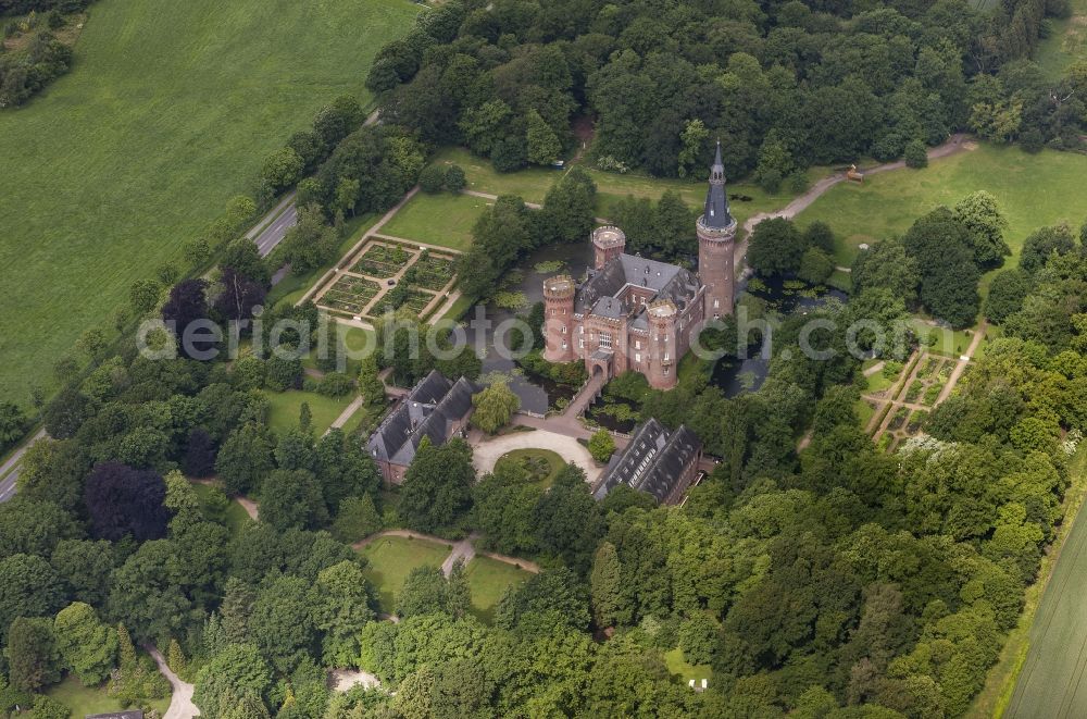 Bedburg-Hau from above - 06/09/2012 Bedburg-Hau View of the water tower Moyland in the state of North Rhine-Westphalia. The neo-Gothic monument is home to a museum's extensive collection of modern art of the brothers van der Grinten and is a popular destination on the Lower Rhine