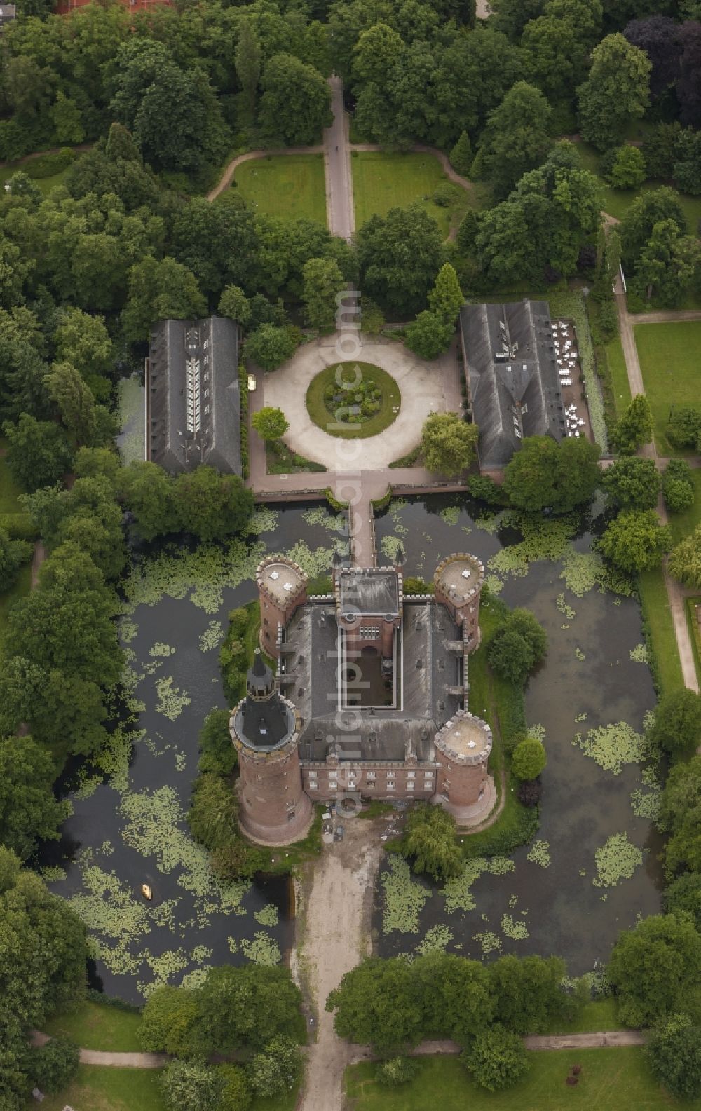 Bedburg-Hau from the bird's eye view: 06/09/2012 Bedburg-Hau View of the water tower Moyland in the state of North Rhine-Westphalia. The neo-Gothic monument is home to a museum's extensive collection of modern art of the brothers van der Grinten and is a popular destination on the Lower Rhine