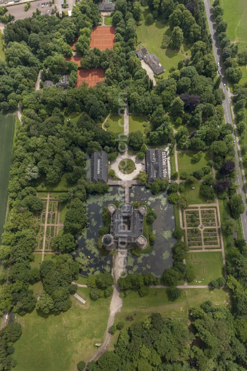 Aerial image Bedburg-Hau - 06/09/2012 Bedburg-Hau View of the water tower Moyland in the state of North Rhine-Westphalia. The neo-Gothic monument is home to a museum's extensive collection of modern art of the brothers van der Grinten and is a popular destination on the Lower Rhine