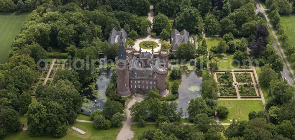 Bedburg-Hau from above - 06/09/2012 Bedburg-Hau View of the water tower Moyland in the state of North Rhine-Westphalia. The neo-Gothic monument is home to a museum's extensive collection of modern art of the brothers van der Grinten and is a popular destination on the Lower Rhine