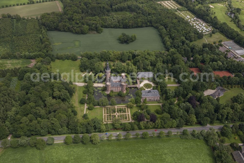 Bedburg-Hau from the bird's eye view: 06/09/2012 Bedburg-Hau View of the water tower Moyland in the state of North Rhine-Westphalia. The neo-Gothic monument is home to a museum's extensive collection of modern art of the brothers van der Grinten and is a popular destination on the Lower Rhine