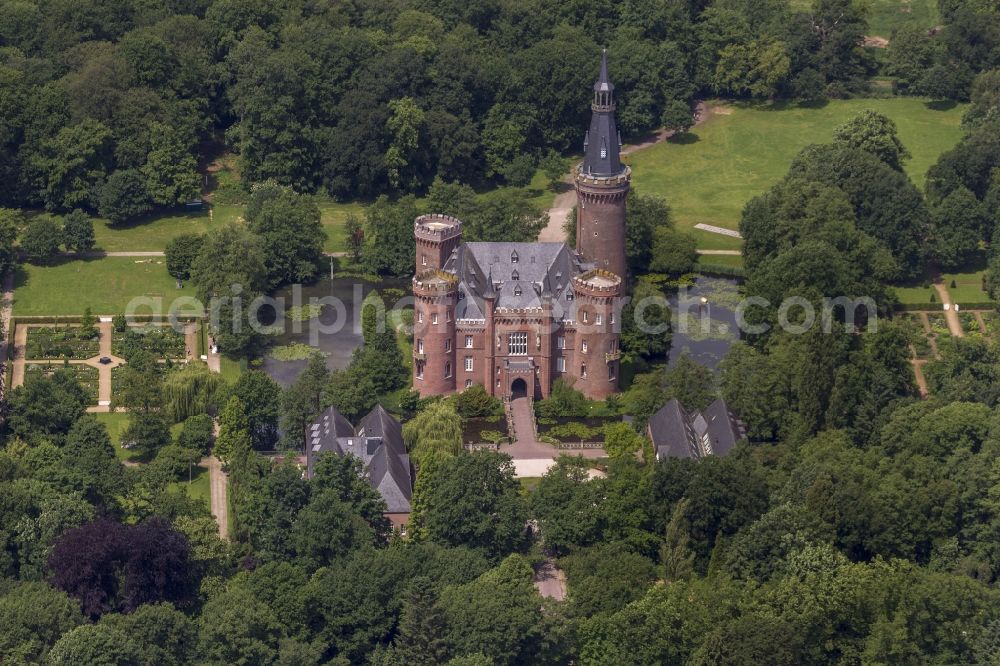 Bedburg-Hau from above - 06/09/2012 Bedburg-Hau View of the water tower Moyland in the state of North Rhine-Westphalia. The neo-Gothic monument is home to a museum's extensive collection of modern art of the brothers van der Grinten and is a popular destination on the Lower Rhine