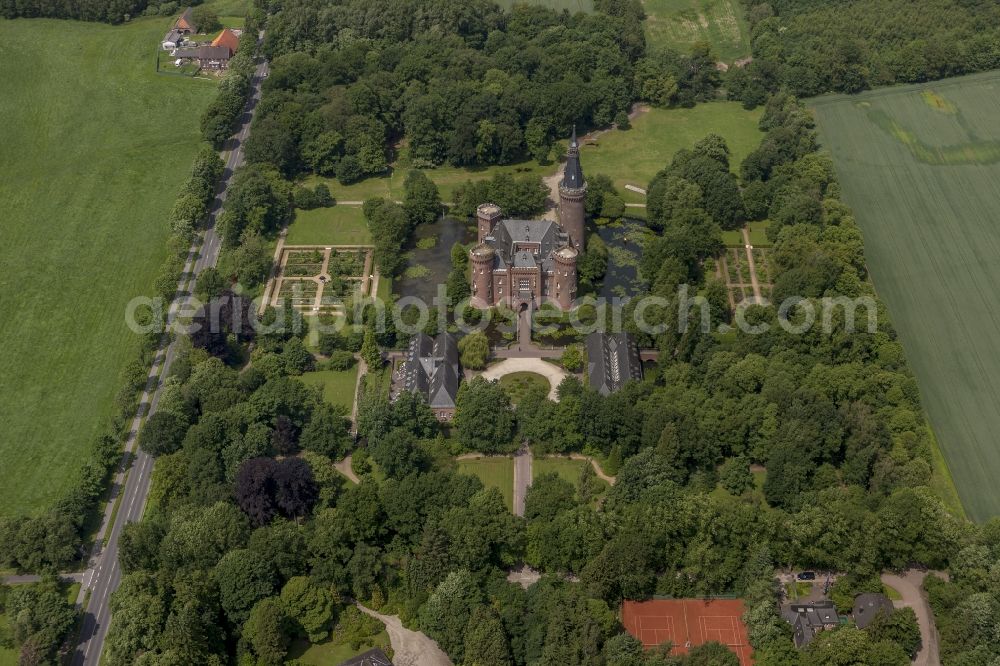 Bedburg-Hau from the bird's eye view: 06/09/2012 Bedburg-Hau View of the water tower Moyland in the state of North Rhine-Westphalia. The neo-Gothic monument is home to a museum's extensive collection of modern art of the brothers van der Grinten and is a popular destination on the Lower Rhine