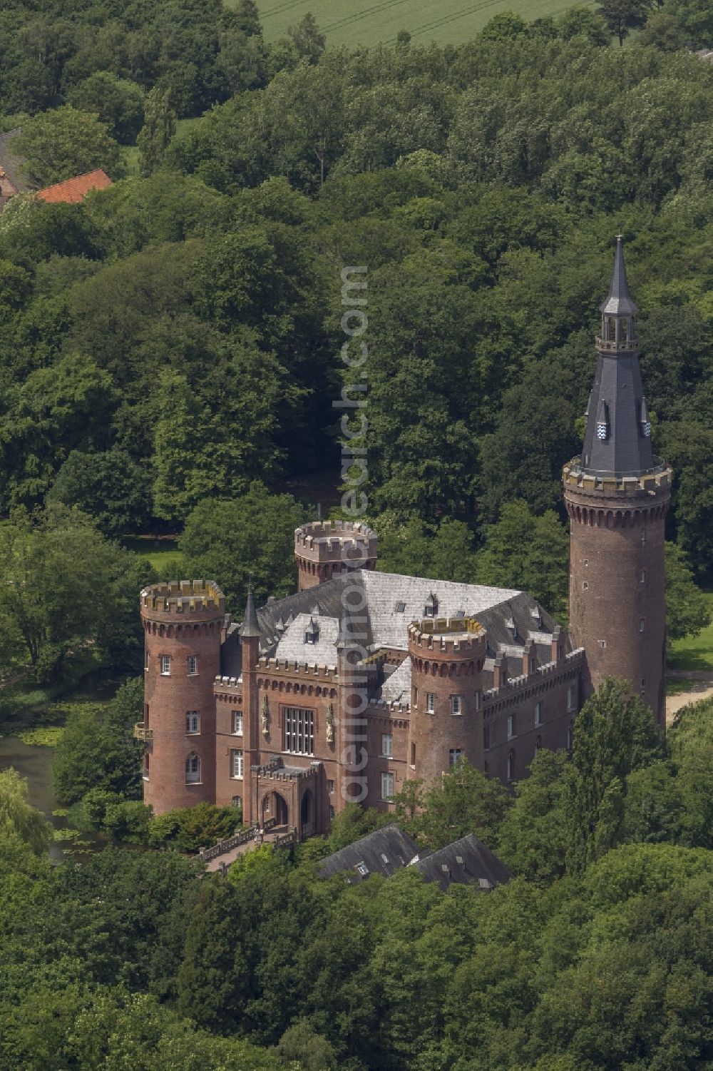 Aerial image Bedburg-Hau - 06/09/2012 Bedburg-Hau View of the water tower Moyland in the state of North Rhine-Westphalia. The neo-Gothic monument is home to a museum's extensive collection of modern art of the brothers van der Grinten and is a popular destination on the Lower Rhine