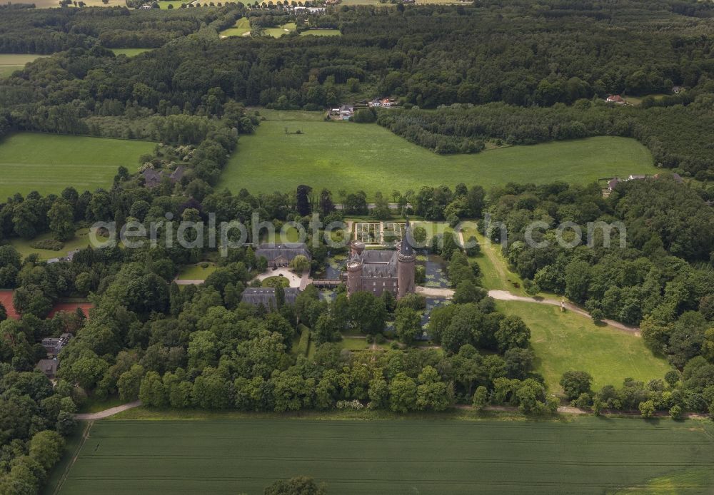 Bedburg-Hau from above - 06/09/2012 Bedburg-Hau View of the water tower Moyland in the state of North Rhine-Westphalia. The neo-Gothic monument is home to a museum's extensive collection of modern art of the brothers van der Grinten and is a popular destination on the Lower Rhine