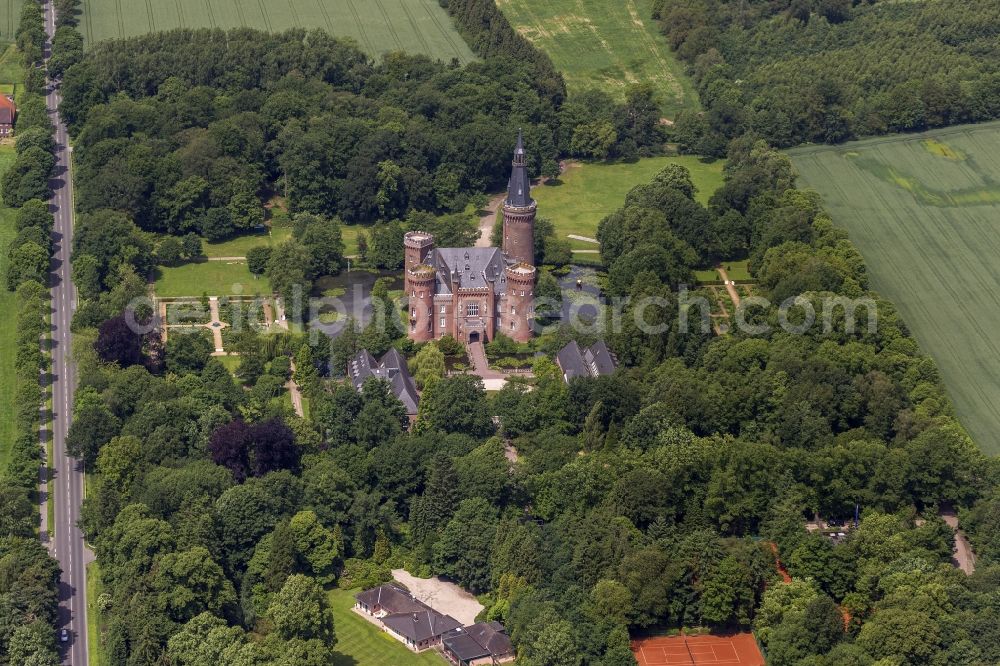 Bedburg-Hau from above - 06/09/2012 Bedburg-Hau View of the water tower Moyland in the state of North Rhine-Westphalia. The neo-Gothic monument is home to a museum's extensive collection of modern art of the brothers van der Grinten and is a popular destination on the Lower Rhine