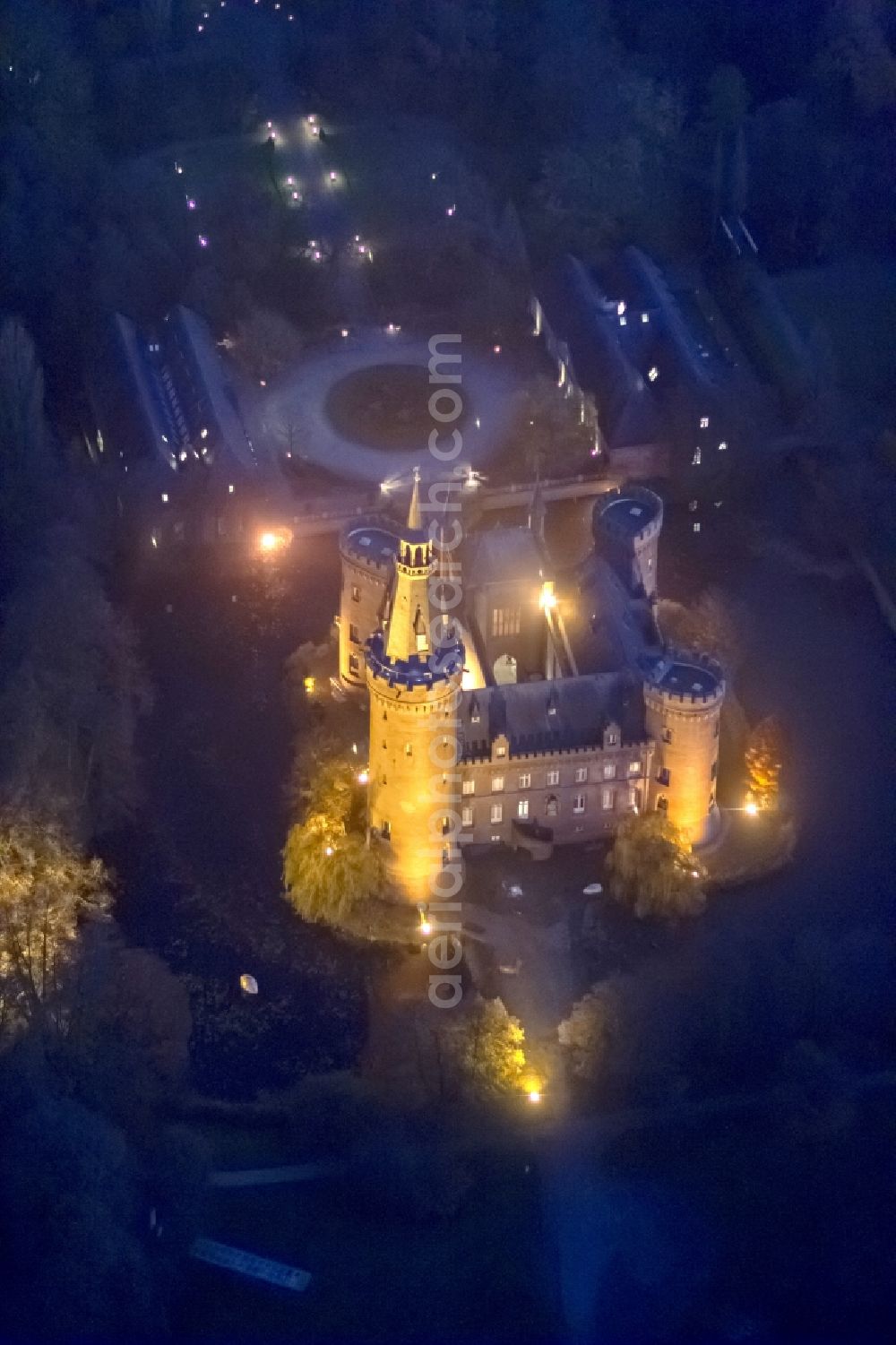 Bedburg-Hau from the bird's eye view: 06/09/2012 Bedburg-Hau View of the water tower Moyland in the state of North Rhine-Westphalia. The neo-Gothic monument is home to a museum's extensive collection of modern art of the brothers van der Grinten and is a popular destination on the Lower Rhine